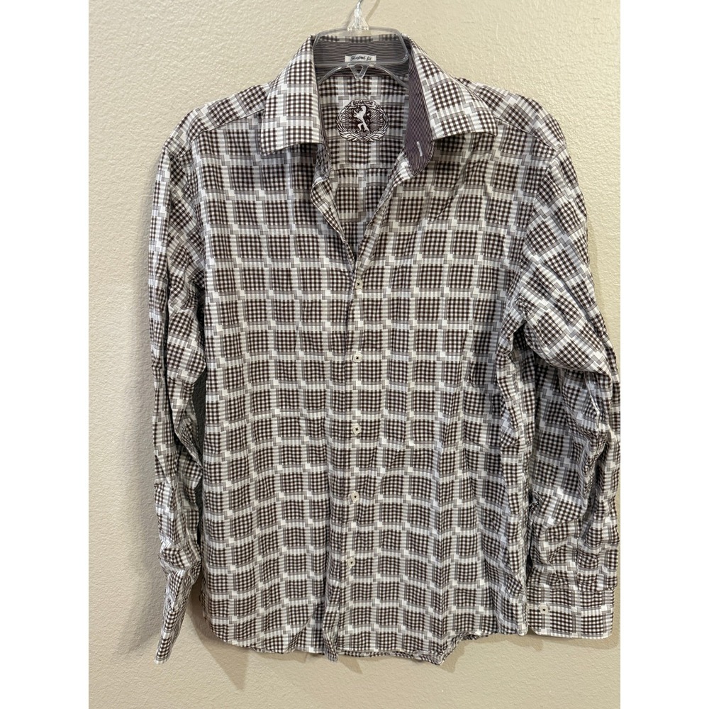 BUGATCHI Men's Shaped Fit Long‎ Sleeve Button Up Shirt Brown Plaid Size M